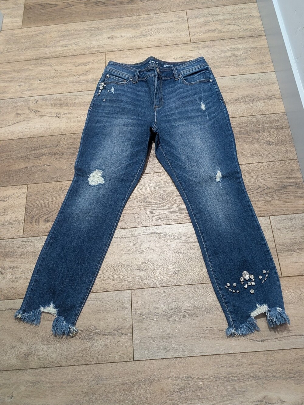 Women's Dark Blue Distressed Jeans with Embellishments